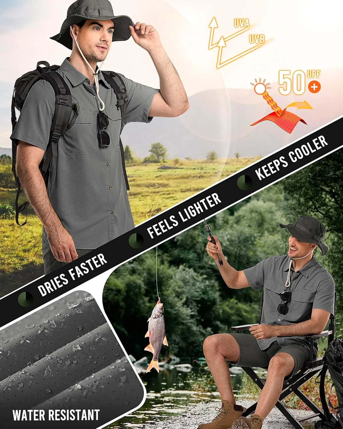 33,000ft Men's UPF 50  UV Short Sleeve Hiking Fishing Shirt Quick Dry Cooling PFG Sun Protection Shirt for Travel Safari