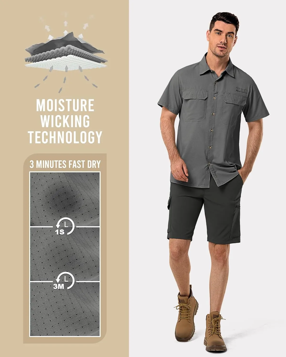 33,000ft Men's UPF 50  UV Short Sleeve Hiking Fishing Shirt Quick Dry Cooling PFG Sun Protection Shirt for Travel Safari