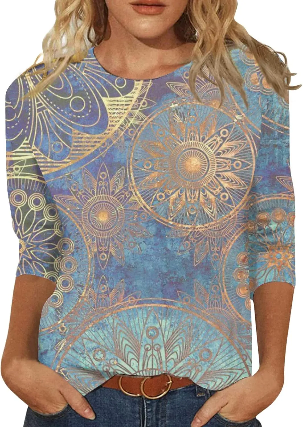 3/4 Length Sleeve Womens Tops Slim Fit Shirts Dressy Casual Blouses Floral Print Cute Sweatshirts Crewneck Clothes