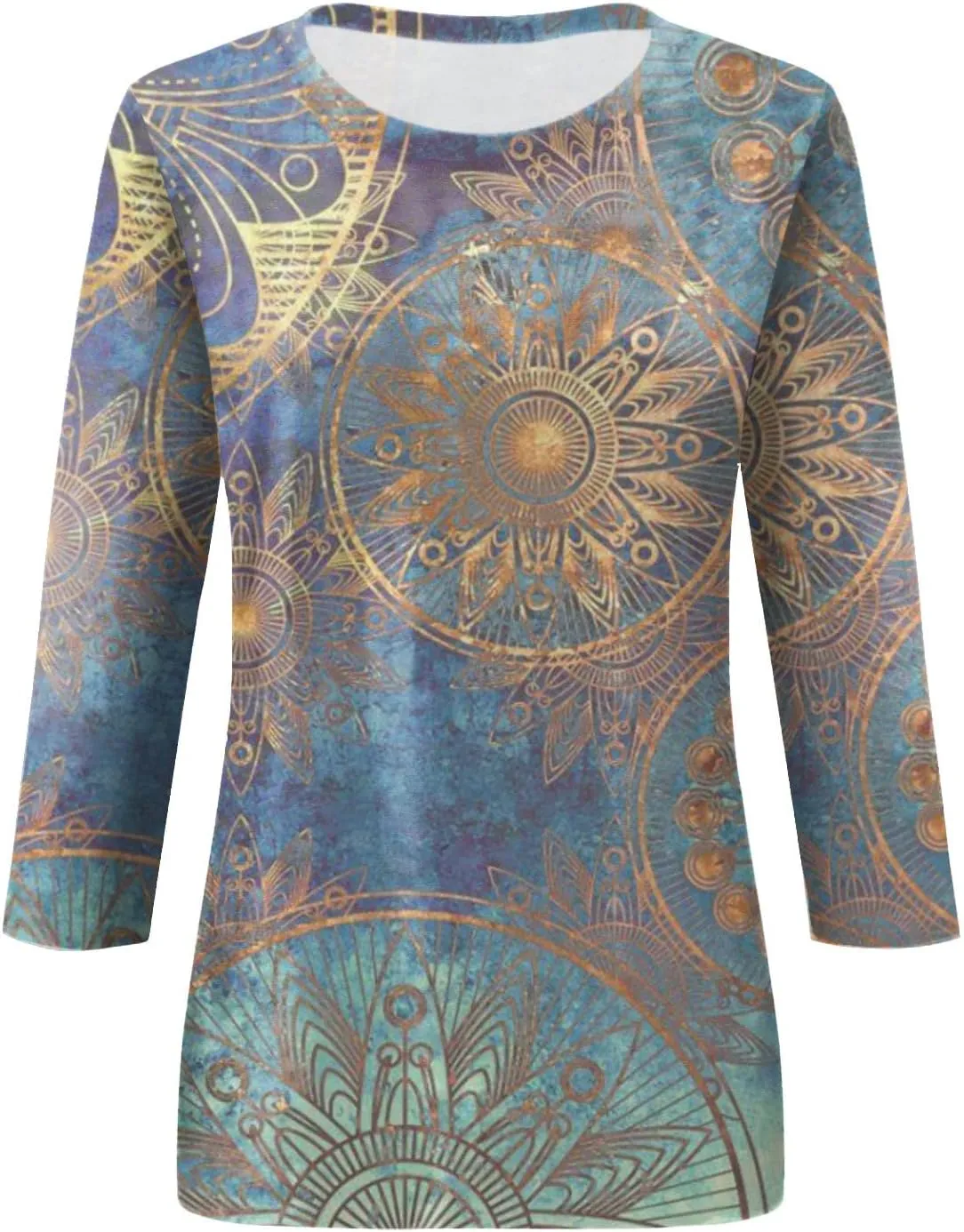 3/4 Length Sleeve Womens Tops Slim Fit Shirts Dressy Casual Blouses Floral Print Cute Sweatshirts Crewneck Clothes
