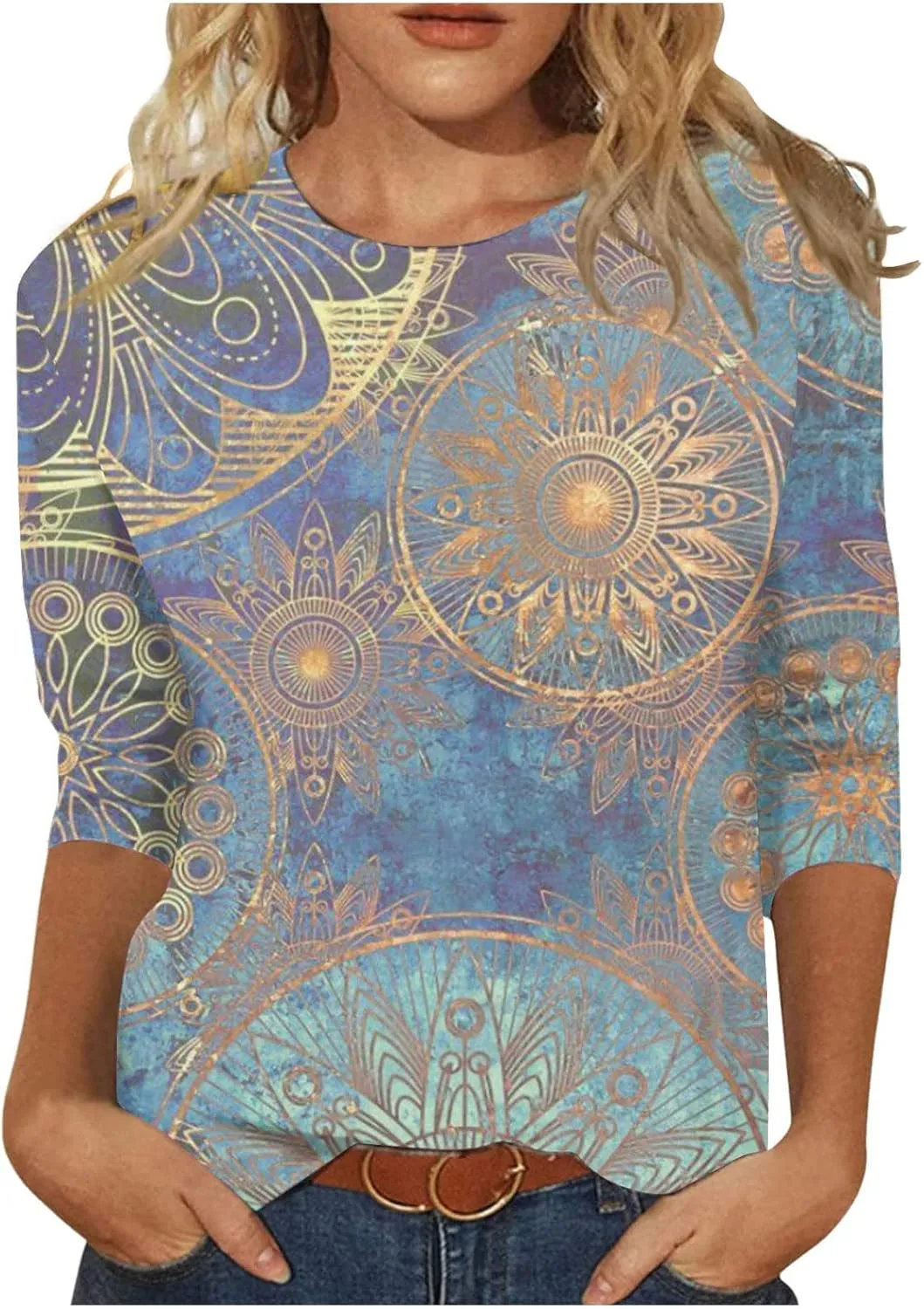 3/4 Length Sleeve Womens Tops Slim Fit Shirts Dressy Casual Blouses Floral Print Cute Sweatshirts Crewneck Clothes