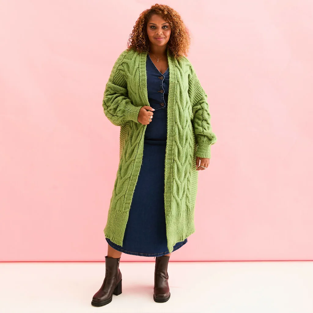 Alex Cable Longline Balloon Sleeve Cardigan - Green