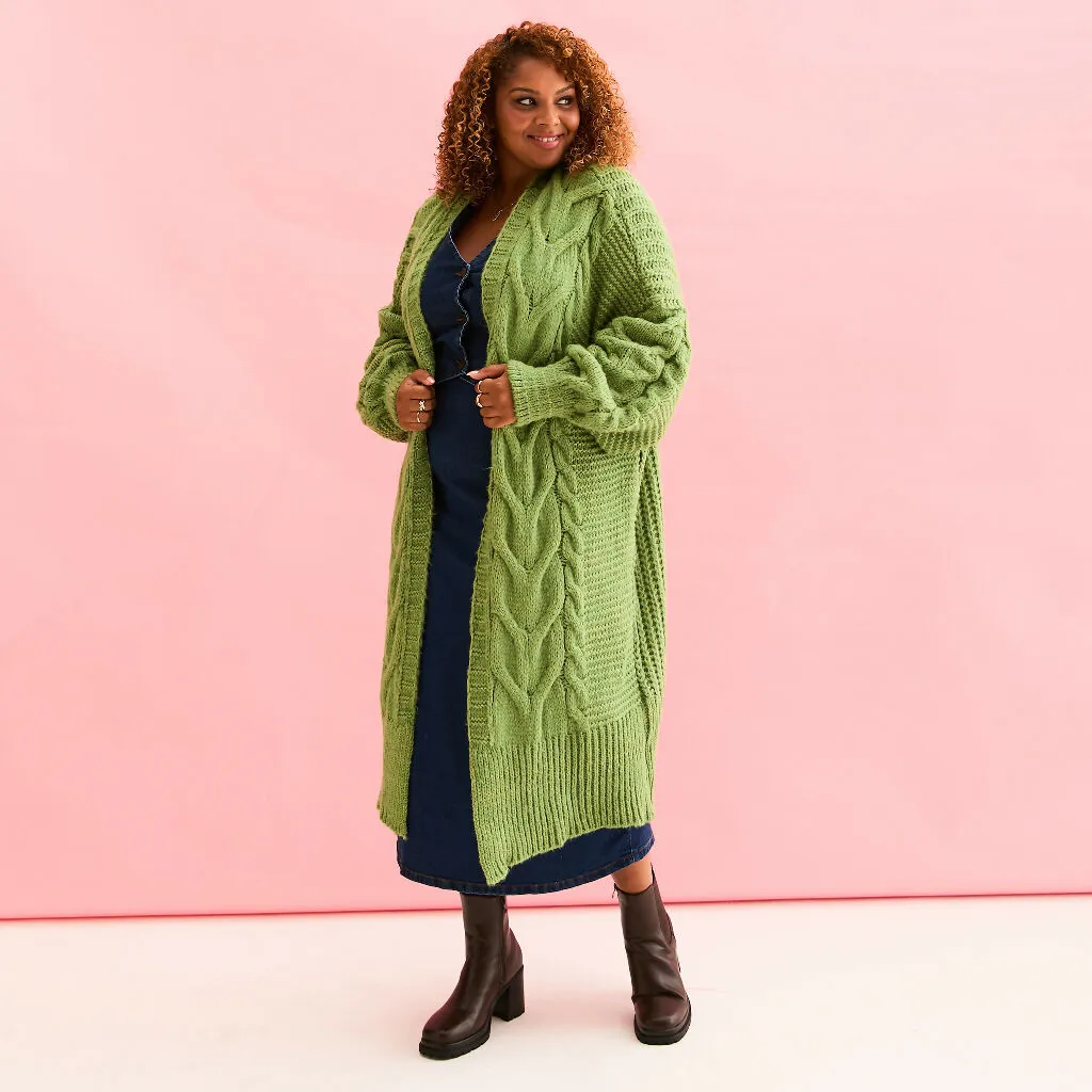 Alex Cable Longline Balloon Sleeve Cardigan - Green
