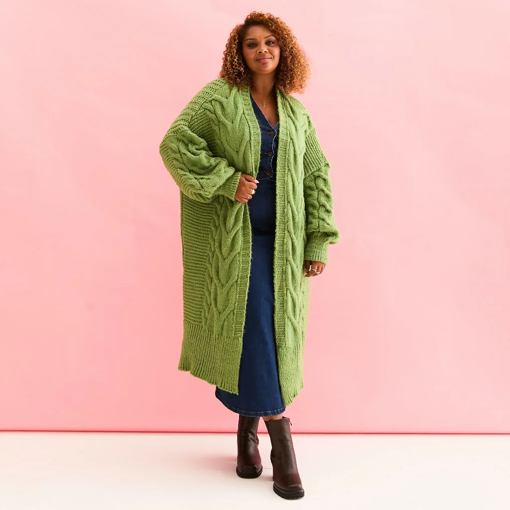 Alex Cable Longline Balloon Sleeve Cardigan - Green