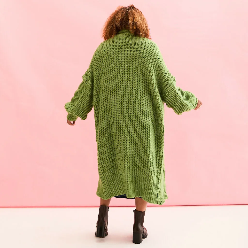 Alex Cable Longline Balloon Sleeve Cardigan - Green