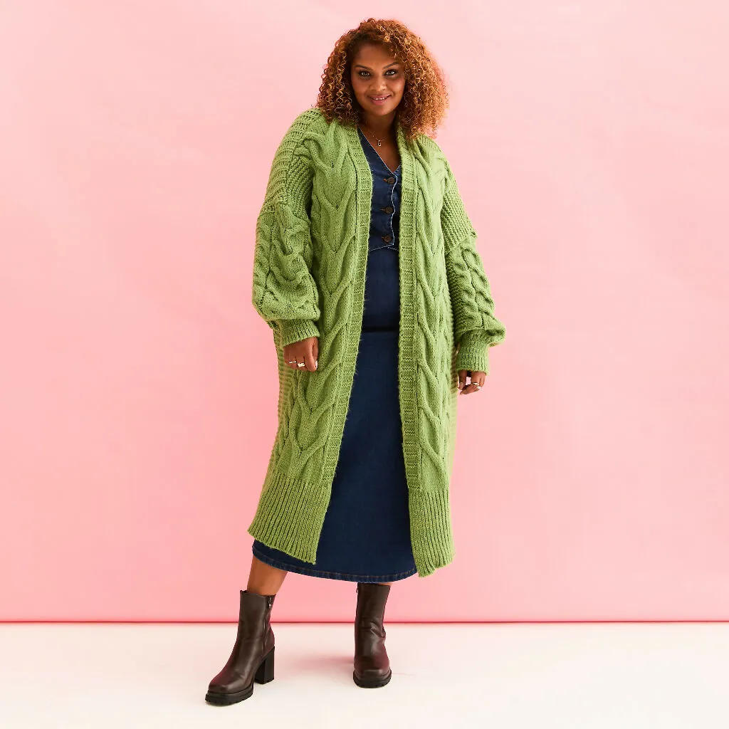 Alex Cable Longline Balloon Sleeve Cardigan - Green