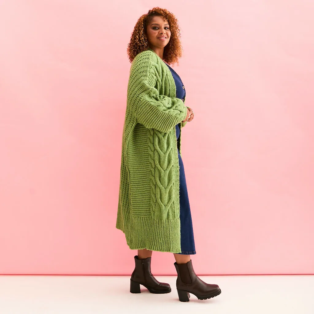 Alex Cable Longline Balloon Sleeve Cardigan - Green