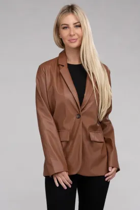 AMBIANCE APPAREL Sleek Pu Leather Blazer with Front Closure