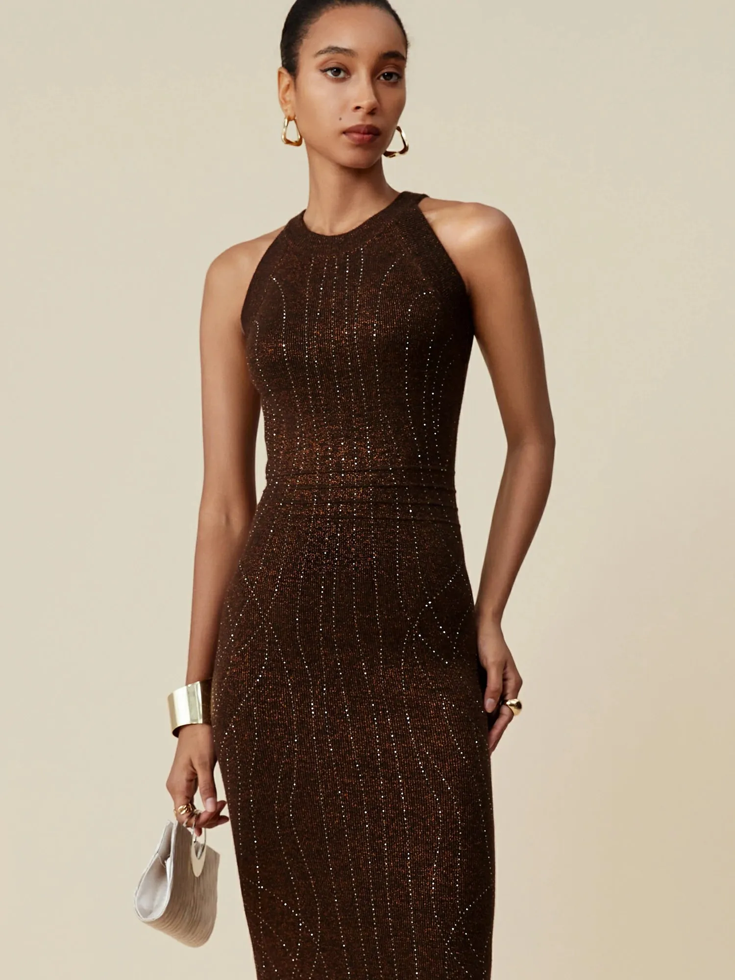 Amoretu Wool Round Neck Sleeveless Rhinestone Embellished Dress