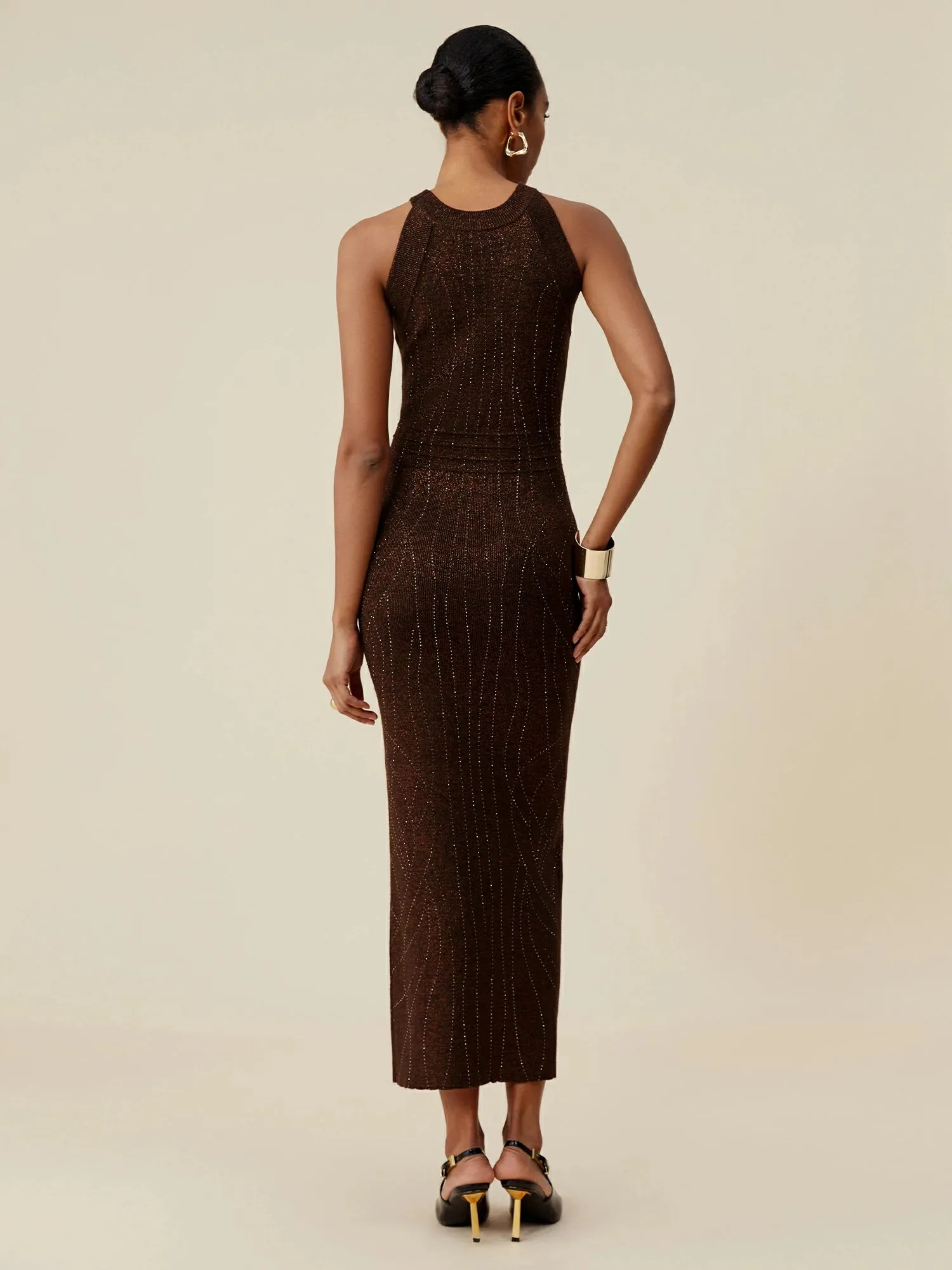 Amoretu Wool Round Neck Sleeveless Rhinestone Embellished Dress