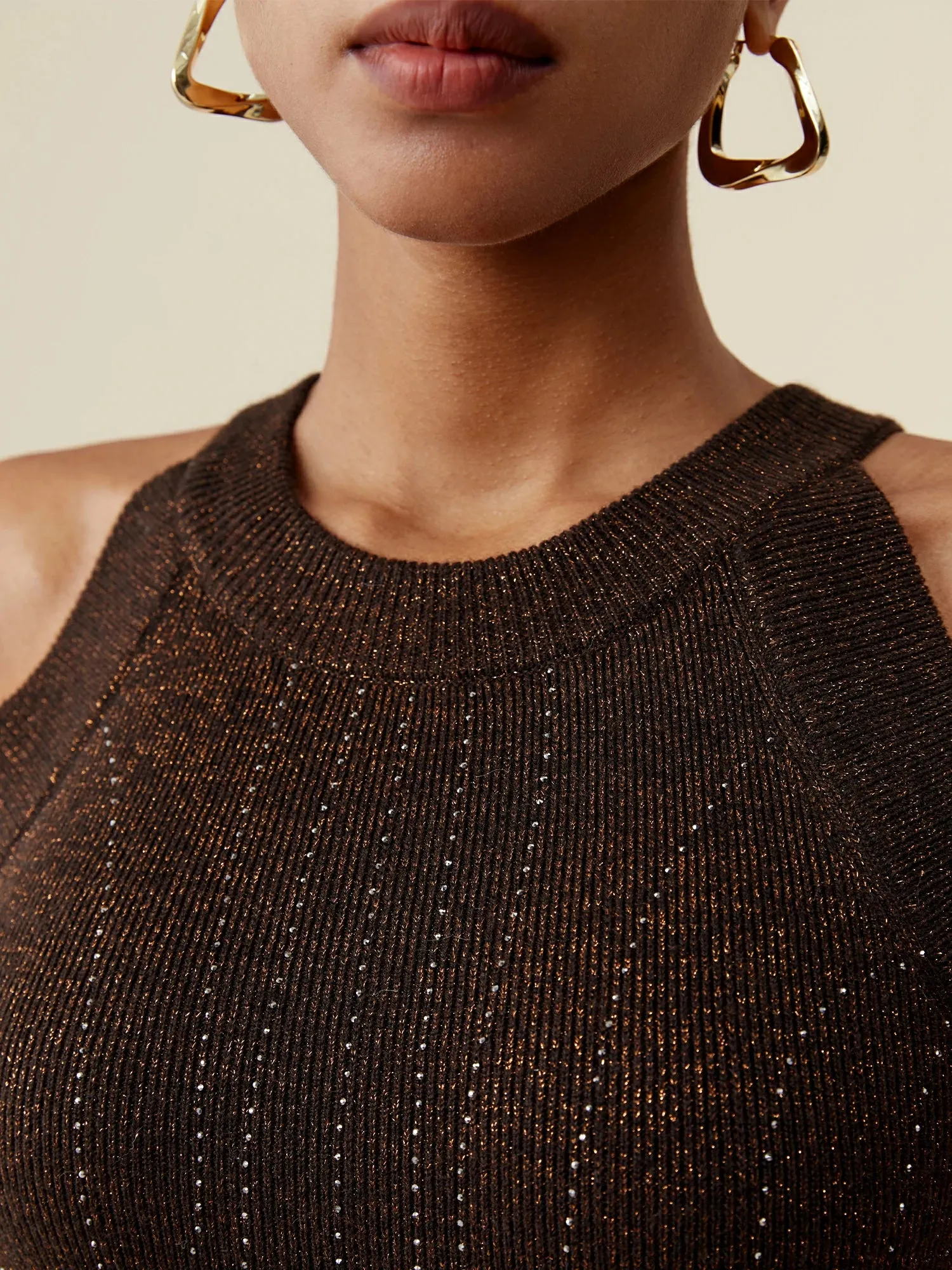 Amoretu Wool Round Neck Sleeveless Rhinestone Embellished Dress