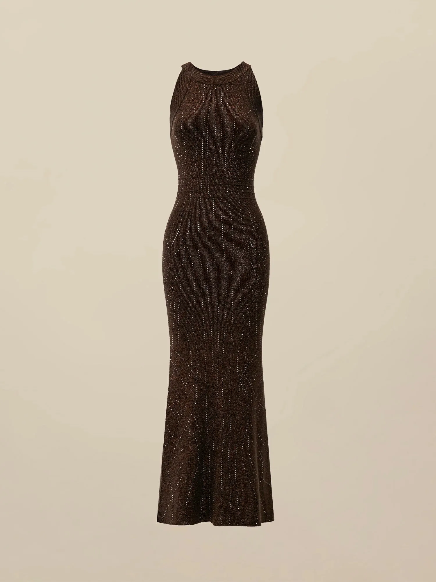 Amoretu Wool Round Neck Sleeveless Rhinestone Embellished Dress