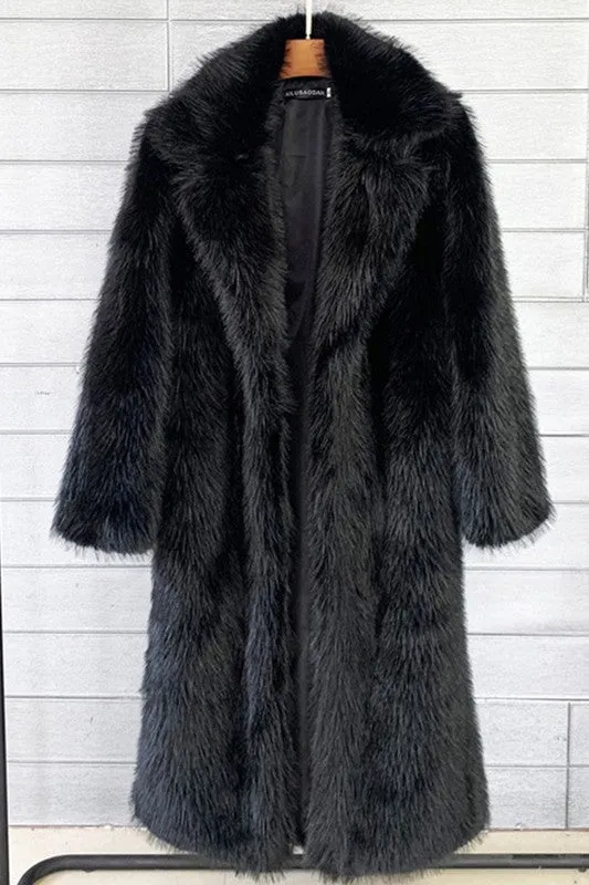 Black Overcoat Artificial Wool Faux Fur Coat