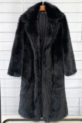 Black Overcoat Artificial Wool Faux Fur Coat
