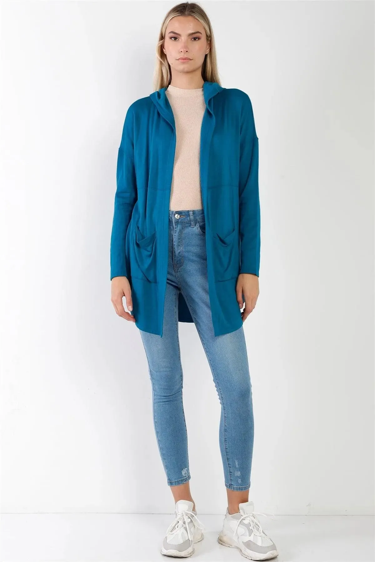 Blue Long Sleeve Open Front Hooded Cardigan /2-2-2