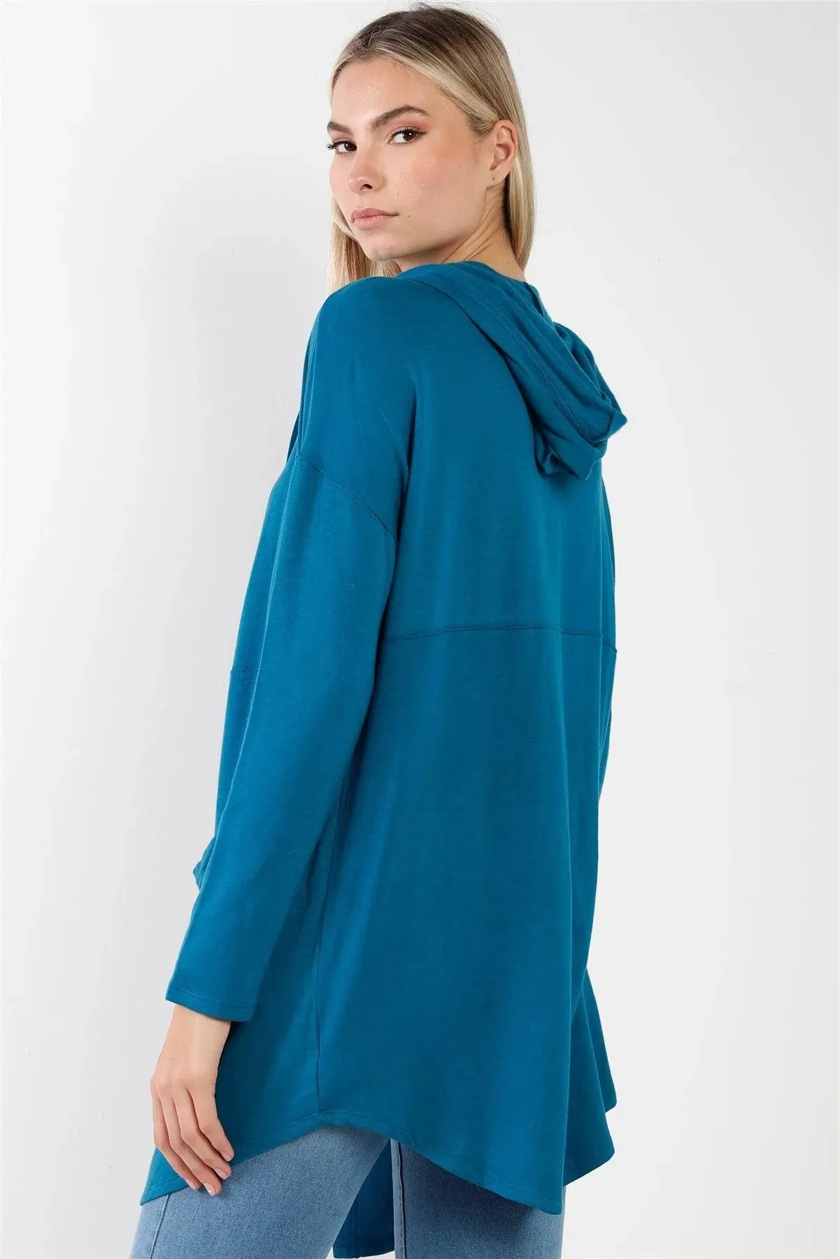 Blue Long Sleeve Open Front Hooded Cardigan /2-2-2