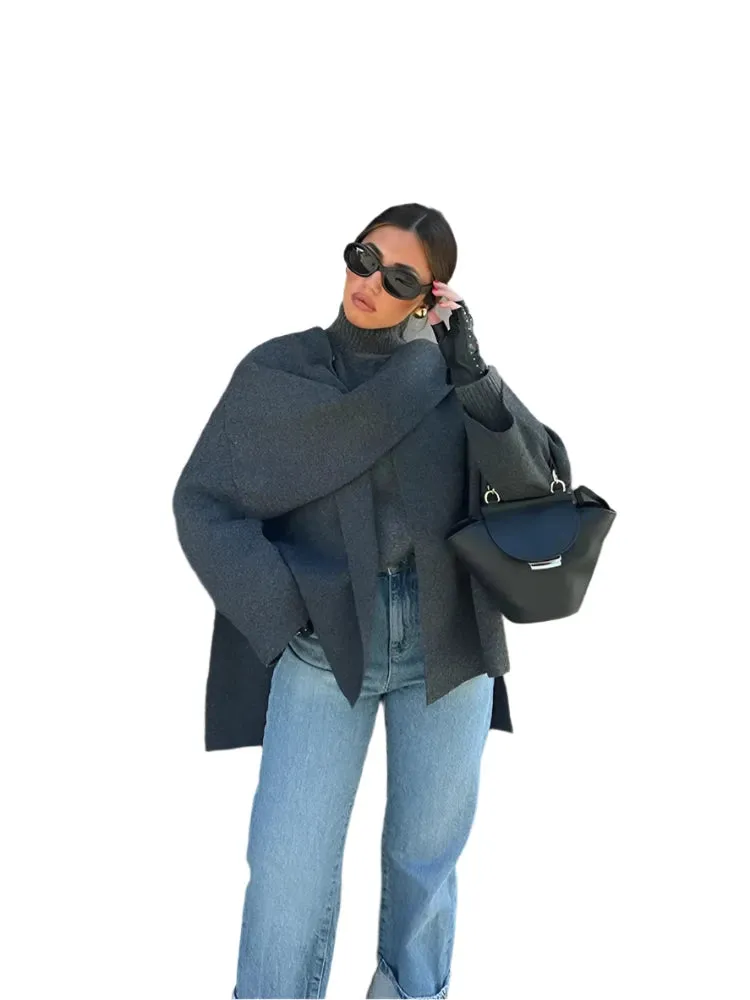 Elegant Scarf Collar Woolen Jacket – Women's Irregular Split Hem, Loose Warm Coat, Long Sleeve Overcoat for Autumn
