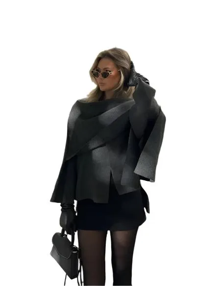 Elegant Scarf Collar Woolen Jacket – Women's Irregular Split Hem, Loose Warm Coat, Long Sleeve Overcoat for Autumn