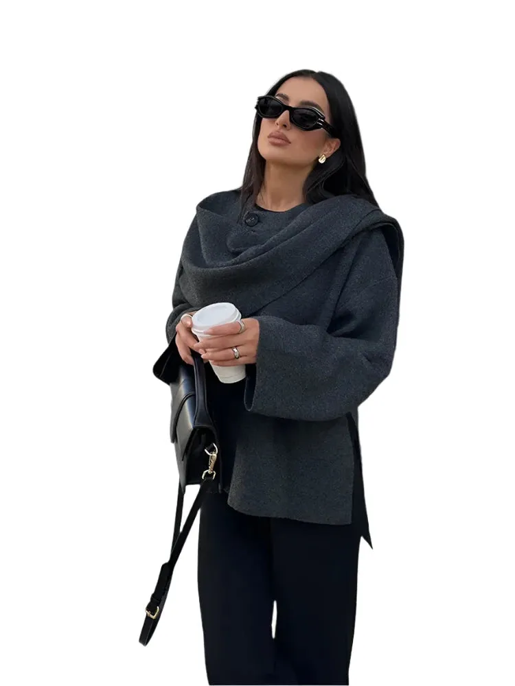 Elegant Scarf Collar Woolen Jacket – Women's Irregular Split Hem, Loose Warm Coat, Long Sleeve Overcoat for Autumn
