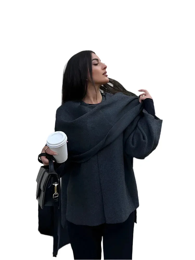 Elegant Scarf Collar Woolen Jacket – Women's Irregular Split Hem, Loose Warm Coat, Long Sleeve Overcoat for Autumn