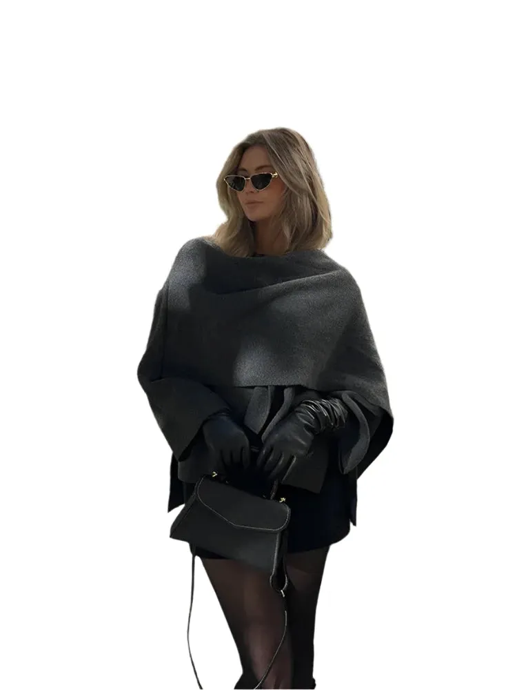 Elegant Scarf Collar Woolen Jacket – Women's Irregular Split Hem, Loose Warm Coat, Long Sleeve Overcoat for Autumn
