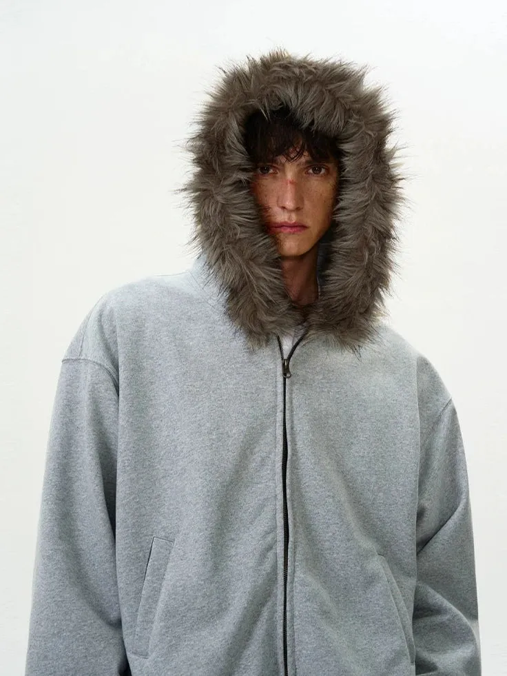 Faux Fur Hooded Zip Jacket with Pockets