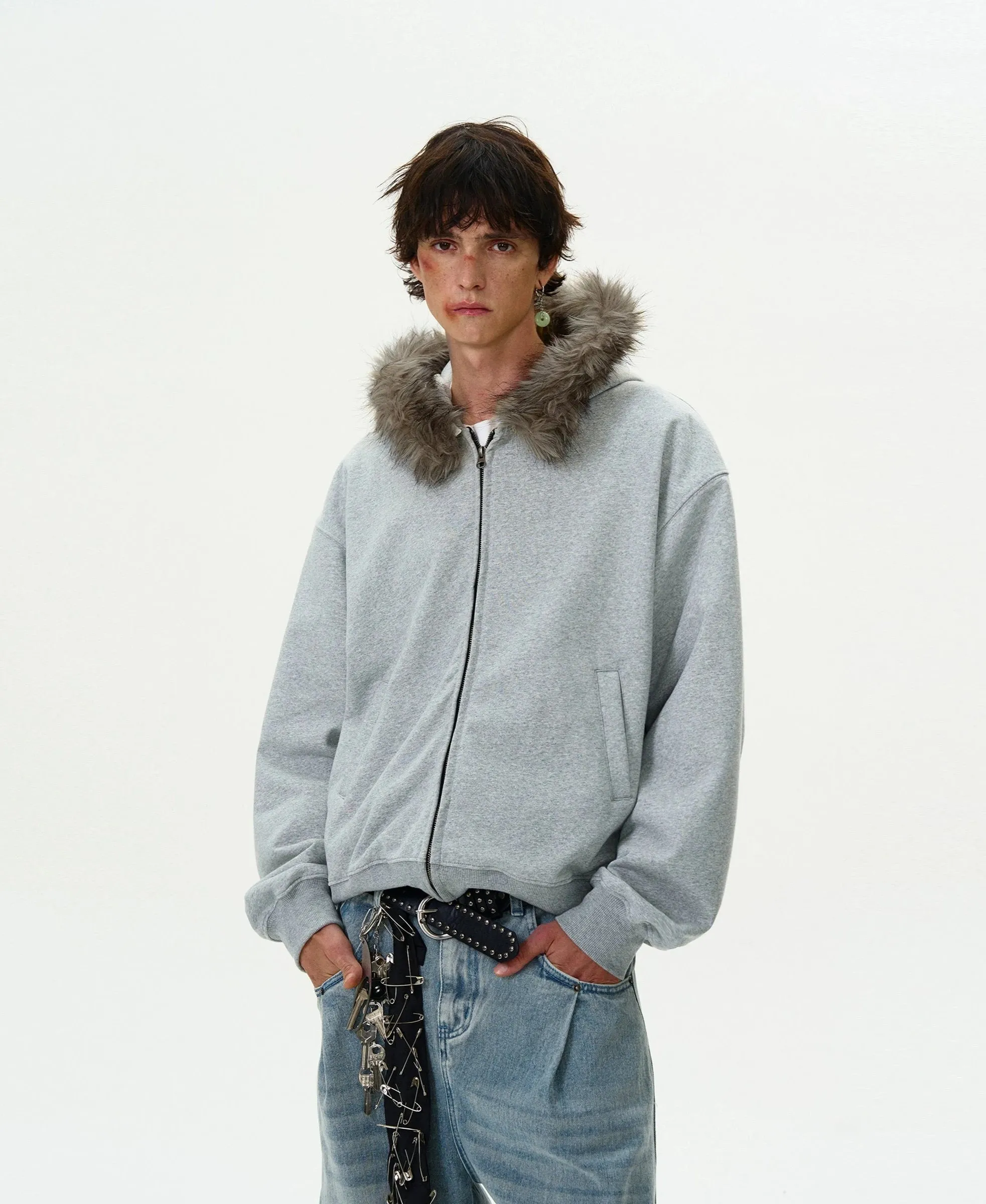 Faux Fur Hooded Zip Jacket with Pockets