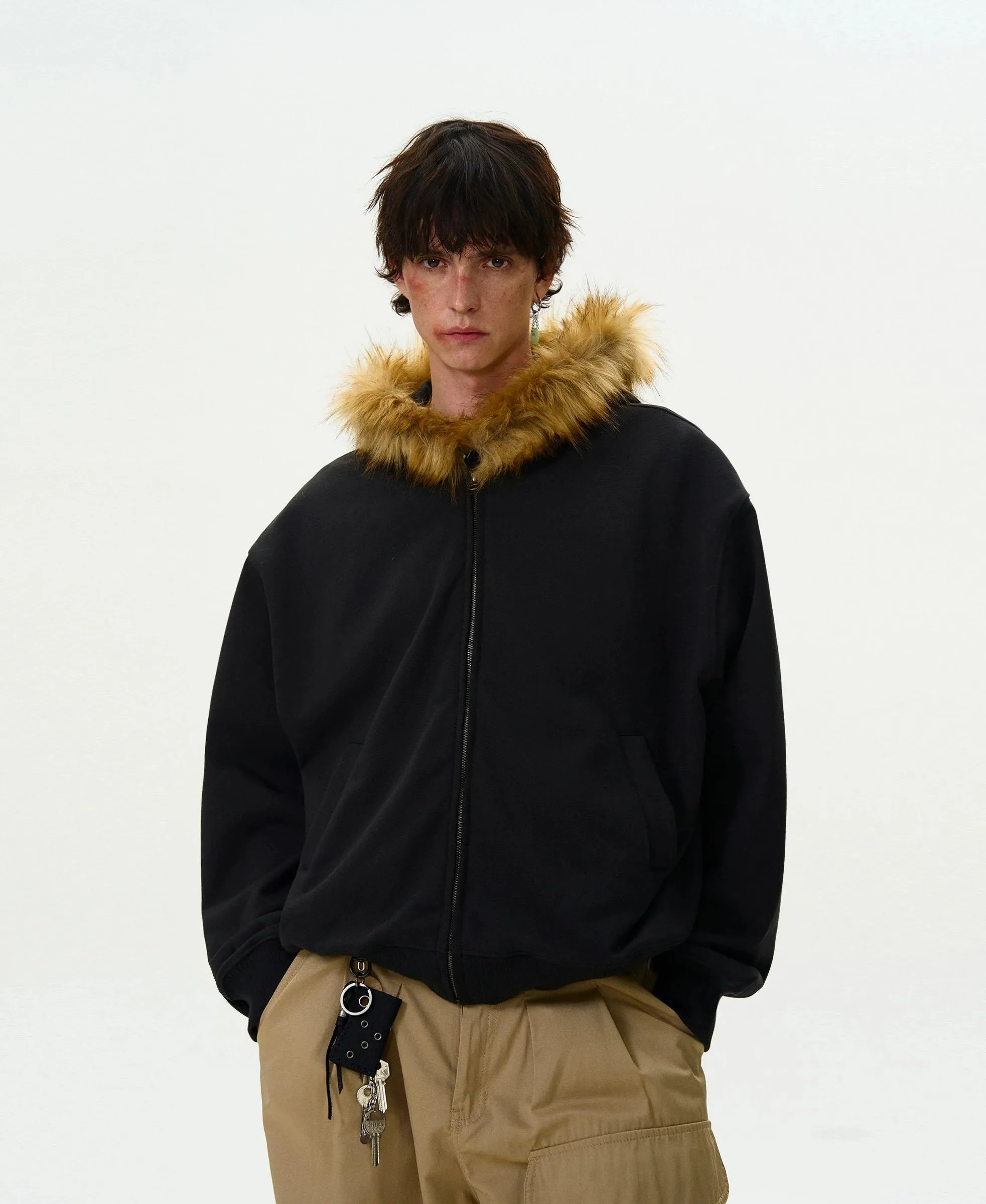 Faux Fur Hooded Zip Jacket with Pockets