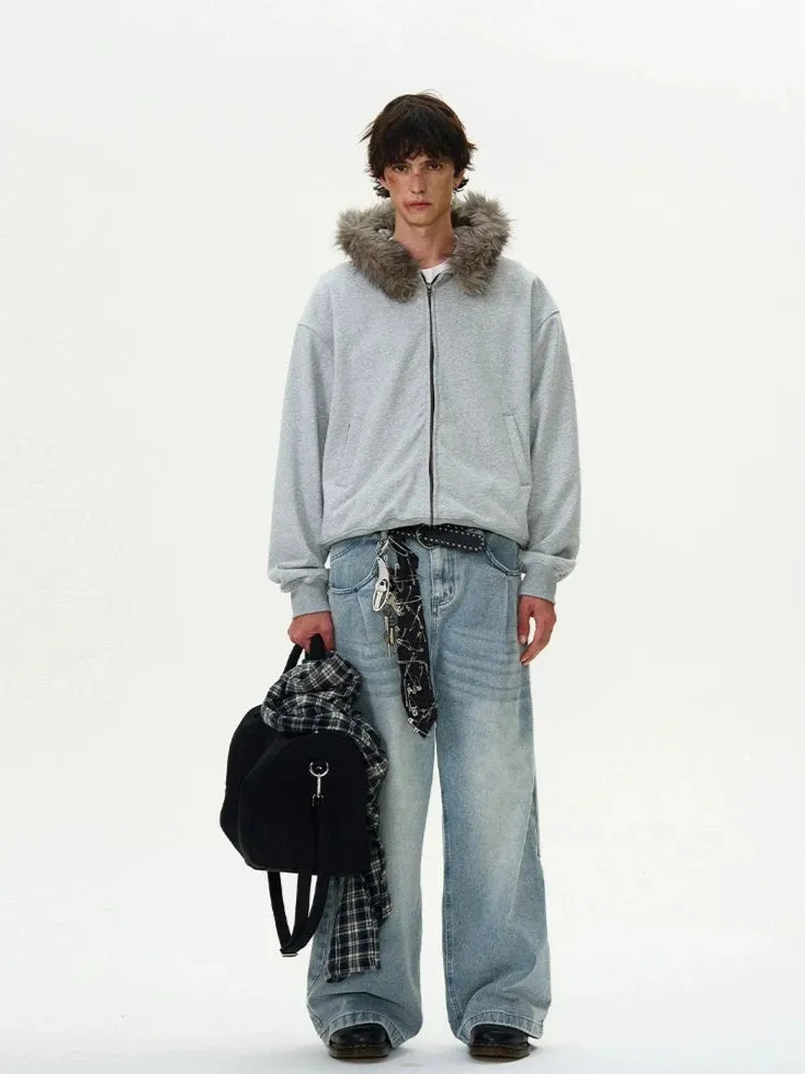 Faux Fur Hooded Zip Jacket with Pockets