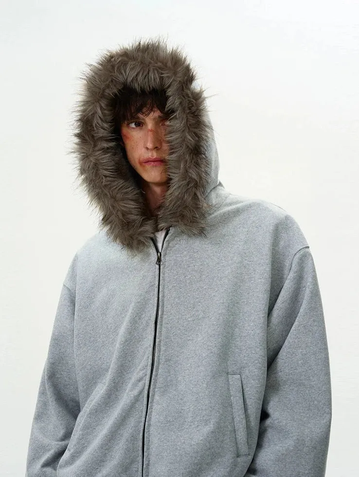 Faux Fur Hooded Zip Jacket with Pockets