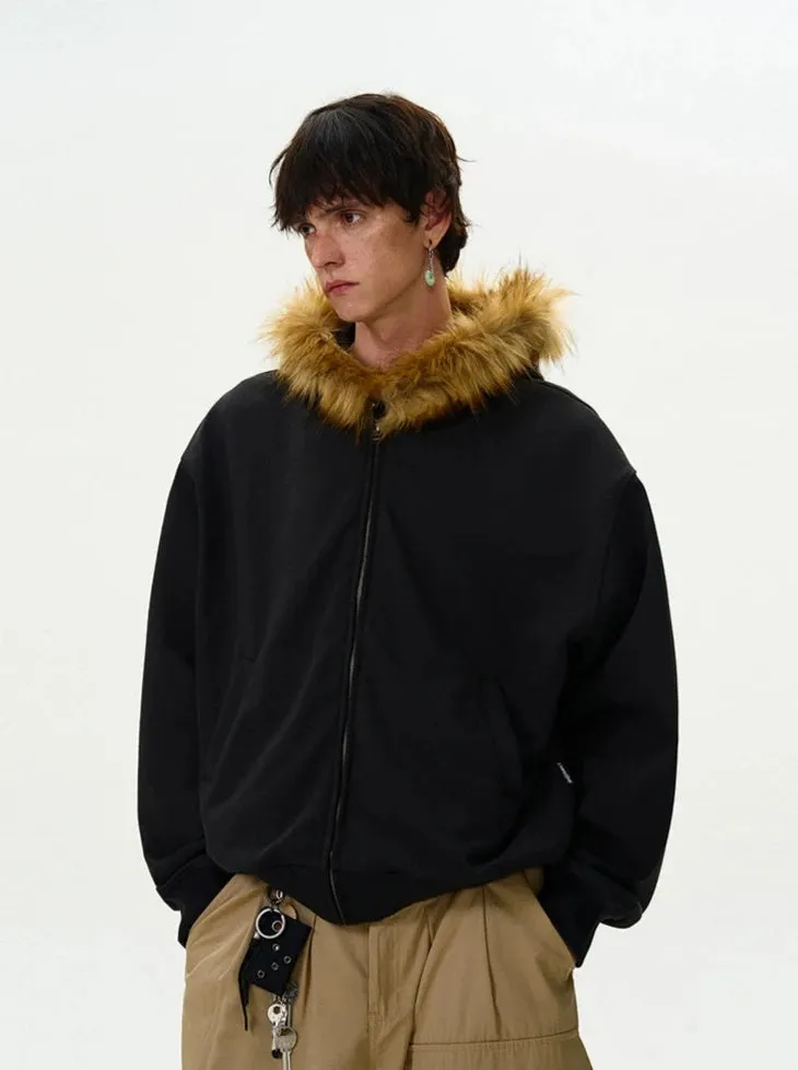 Faux Fur Hooded Zip Jacket with Pockets