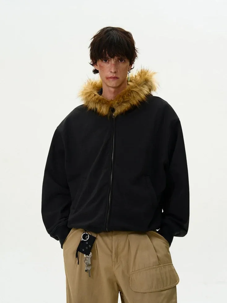 Faux Fur Hooded Zip Jacket with Pockets