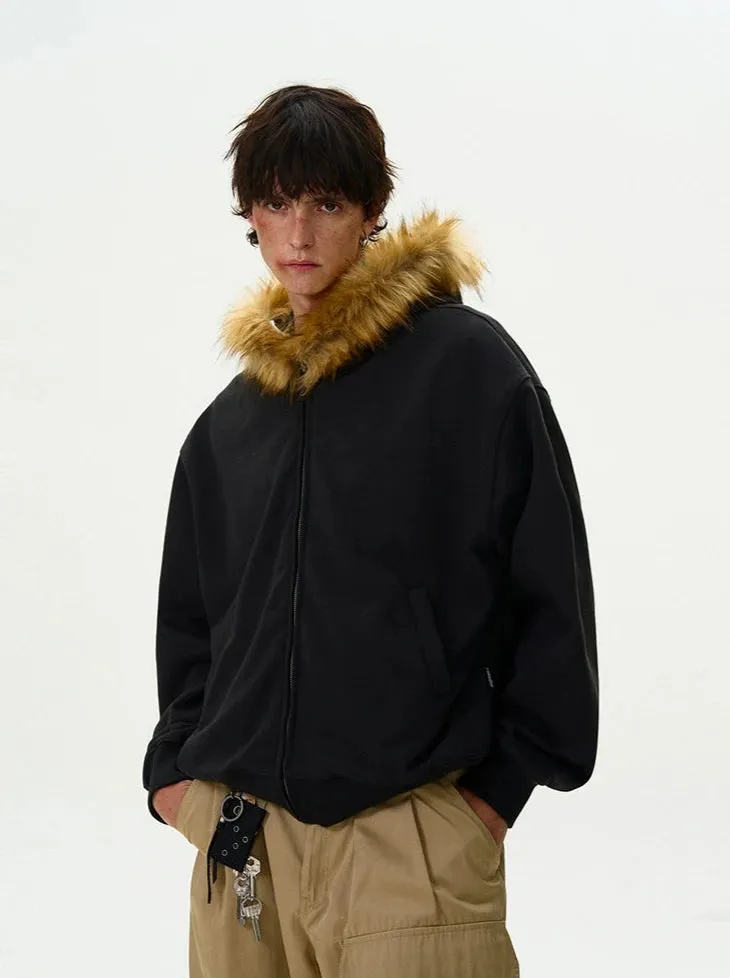 Faux Fur Hooded Zip Jacket with Pockets