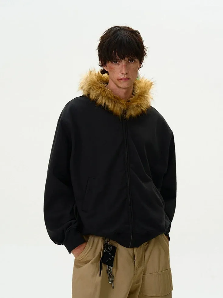 Faux Fur Hooded Zip Jacket with Pockets