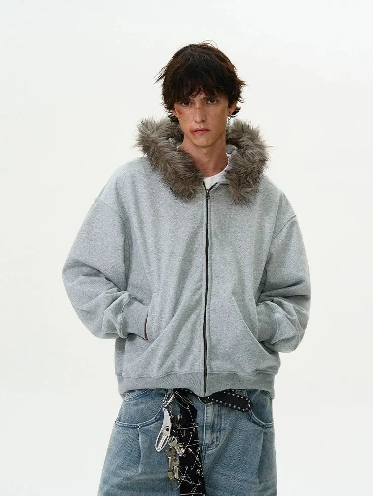 Faux Fur Hooded Zip Jacket with Pockets