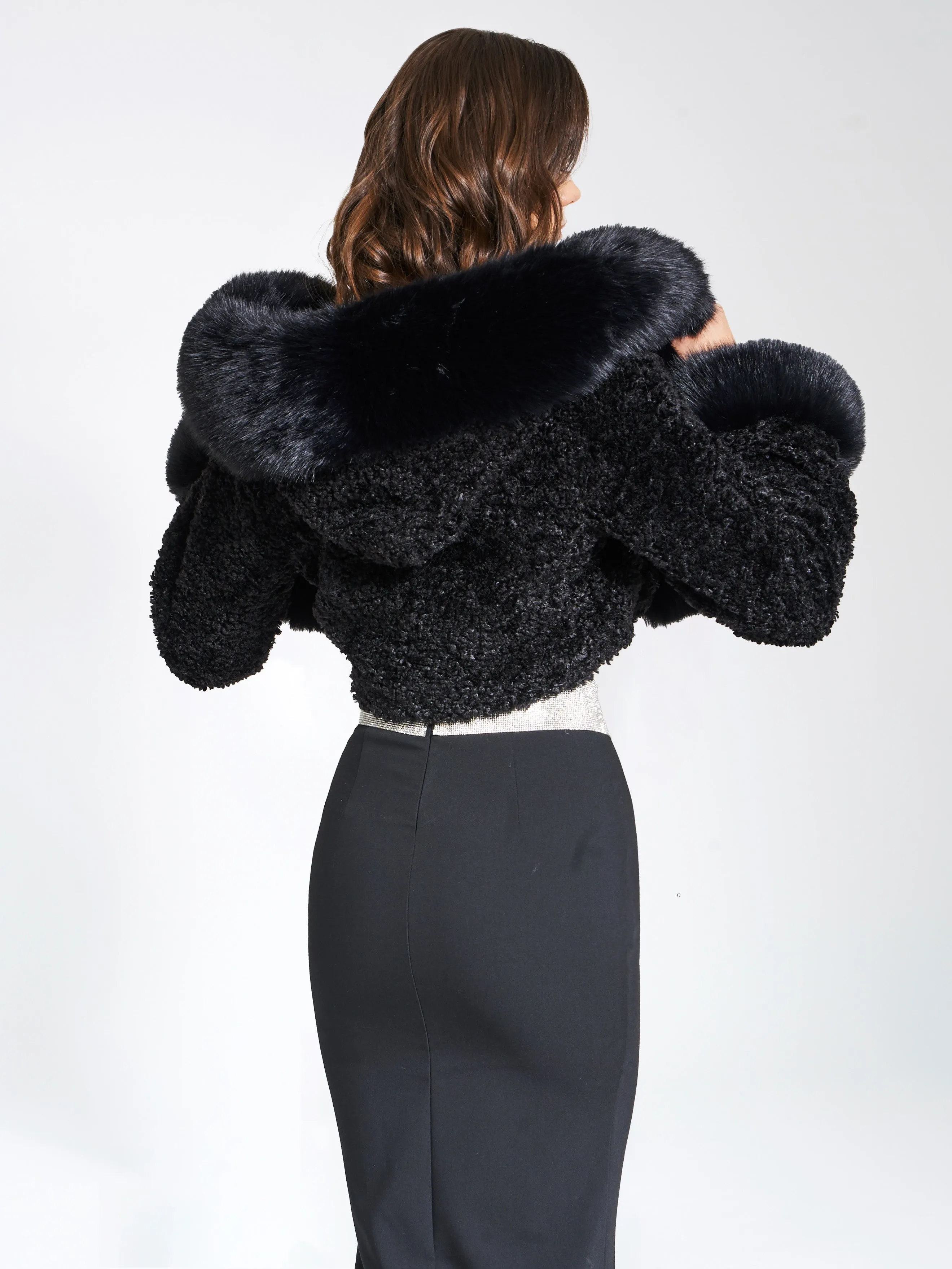 Kali Black Cropped Faux Graceful Fur Jacket With Hood