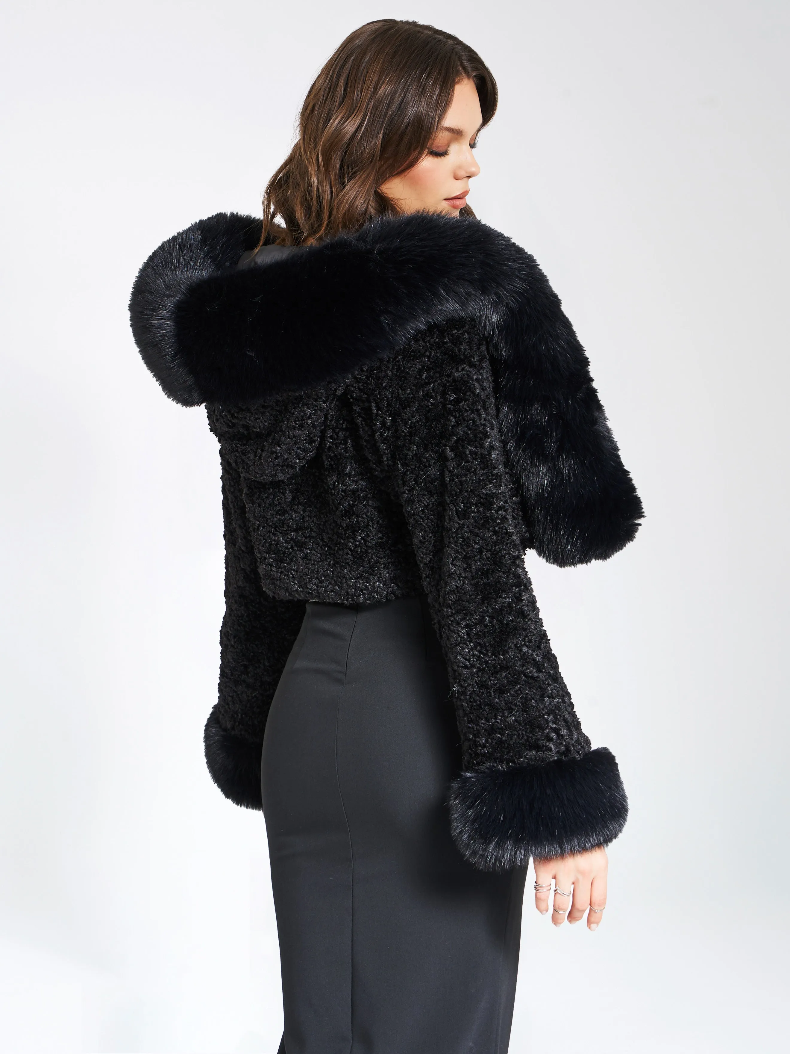 Kali Black Cropped Faux Graceful Fur Jacket With Hood