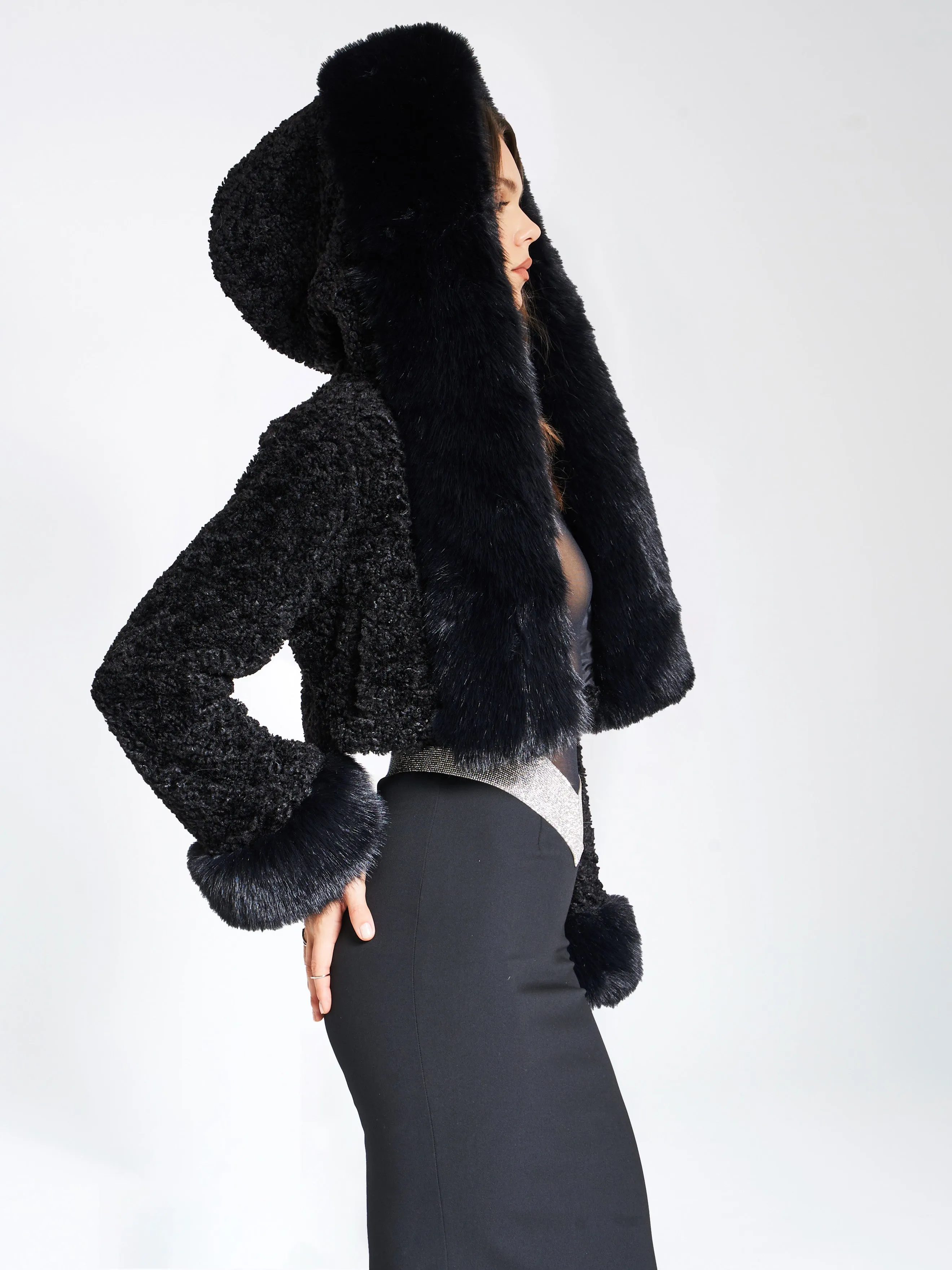 Kali Black Cropped Faux Graceful Fur Jacket With Hood
