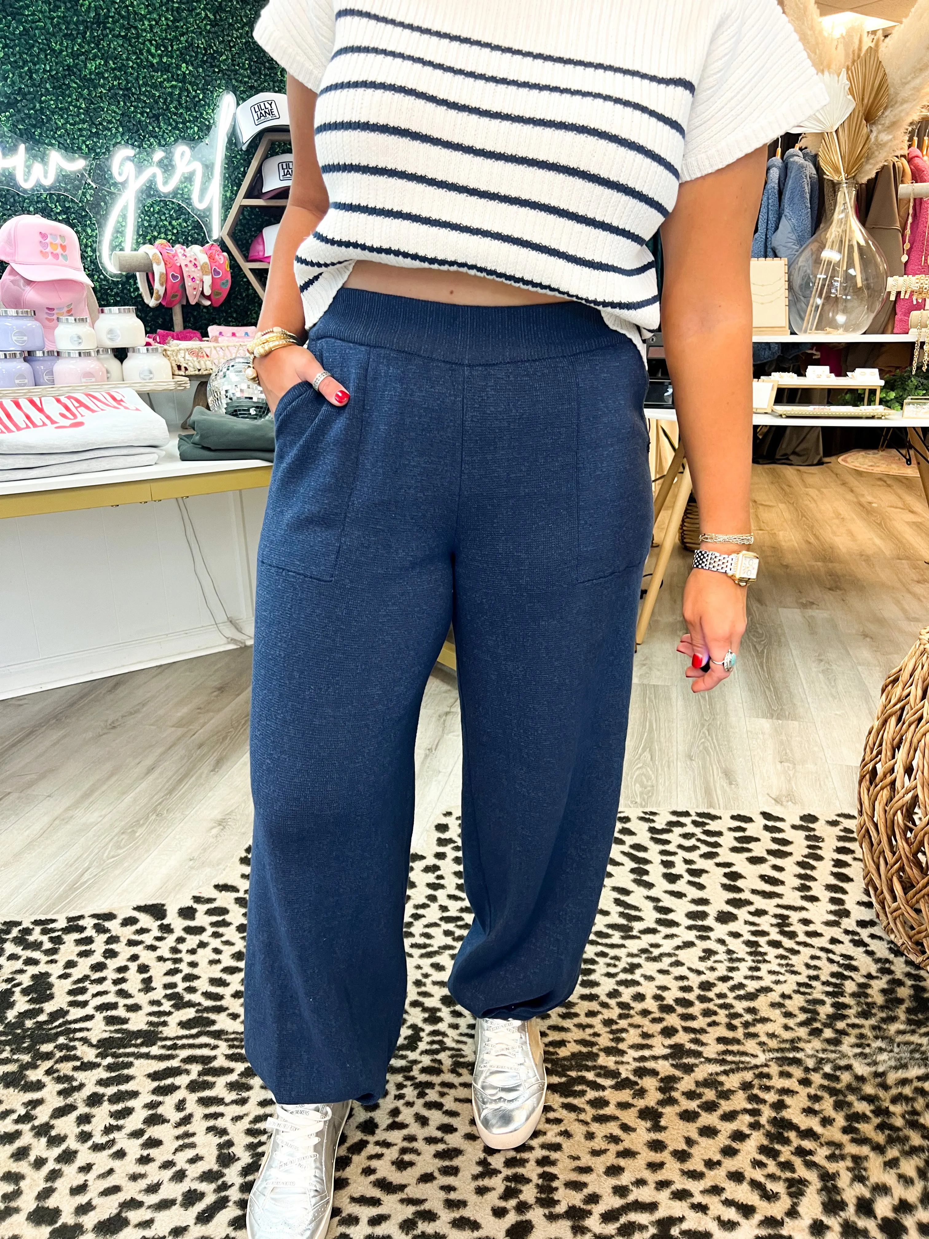 Kallie Knit High Waisted Joggers- Navy