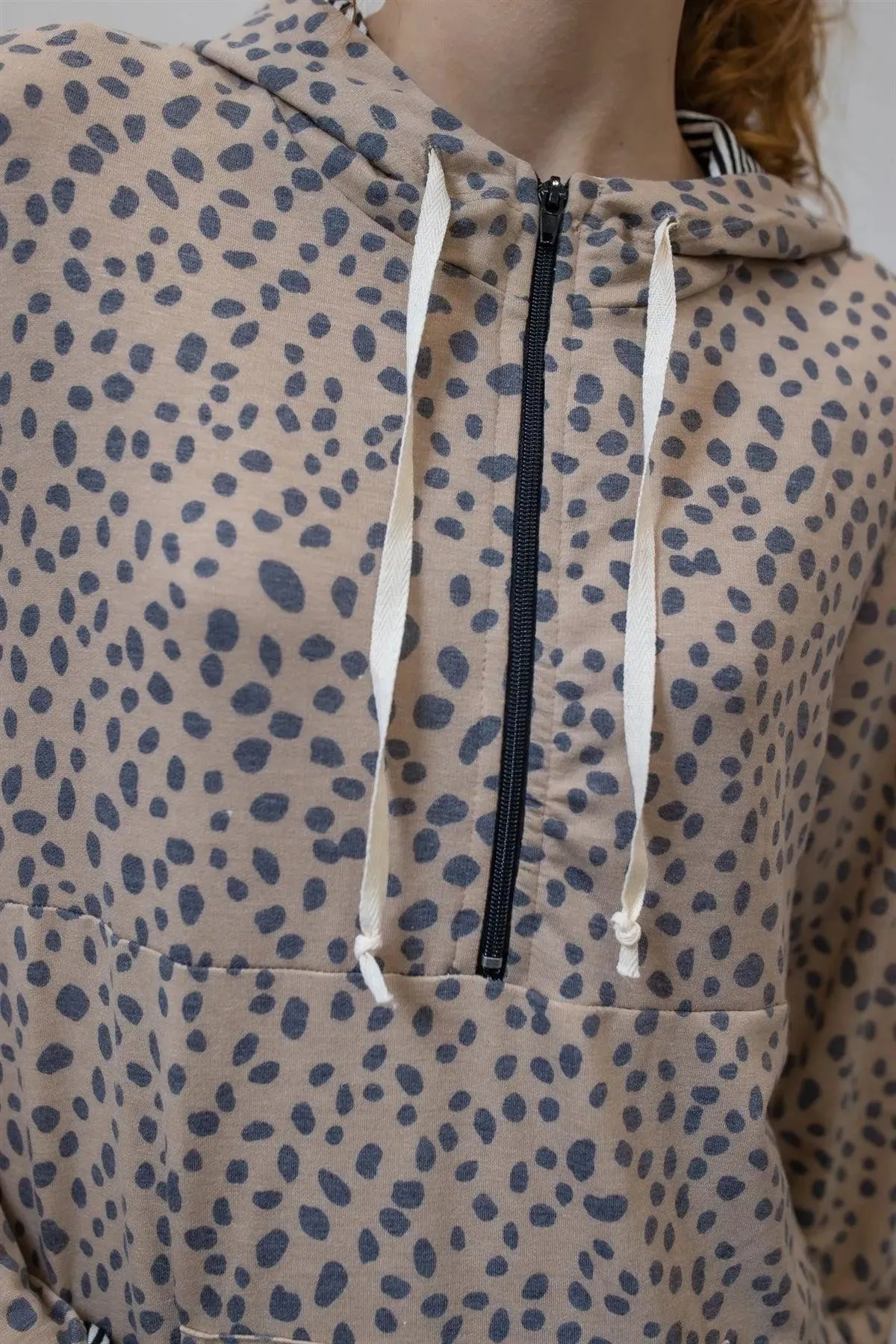 Leopard Print Long Sleeve Stripped Lined Hooded Zip Up Hoodie Top