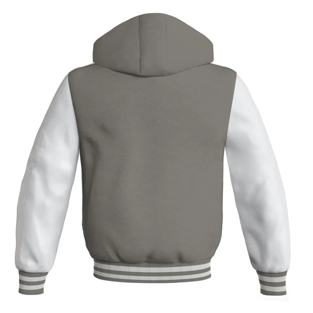 Letterman Bomber Hoodie Jacket Gray Body White Leather Sleeves
