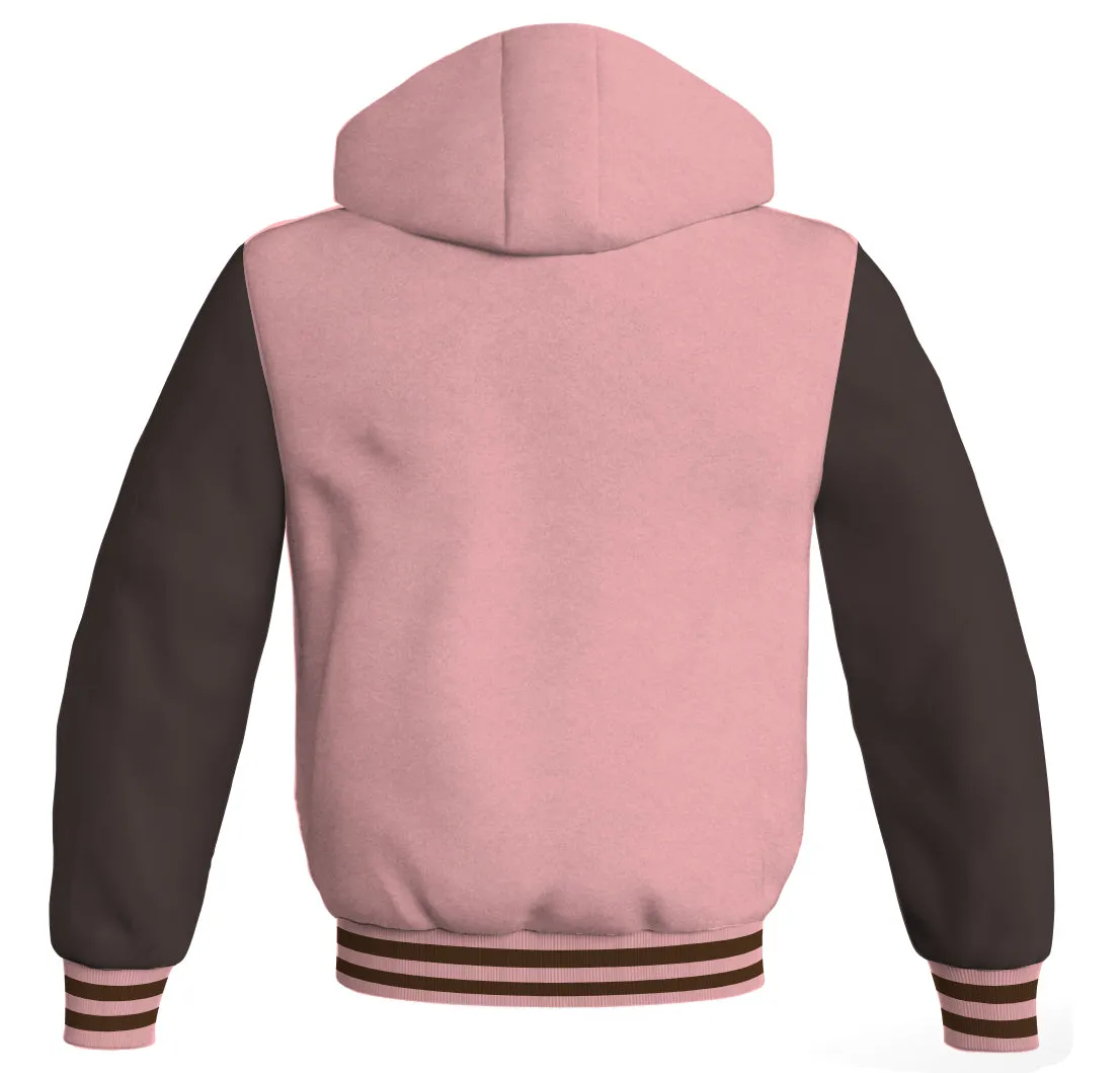 Letterman Bomber Hoodie Jacket Pink Body Brown Leather Sleeves