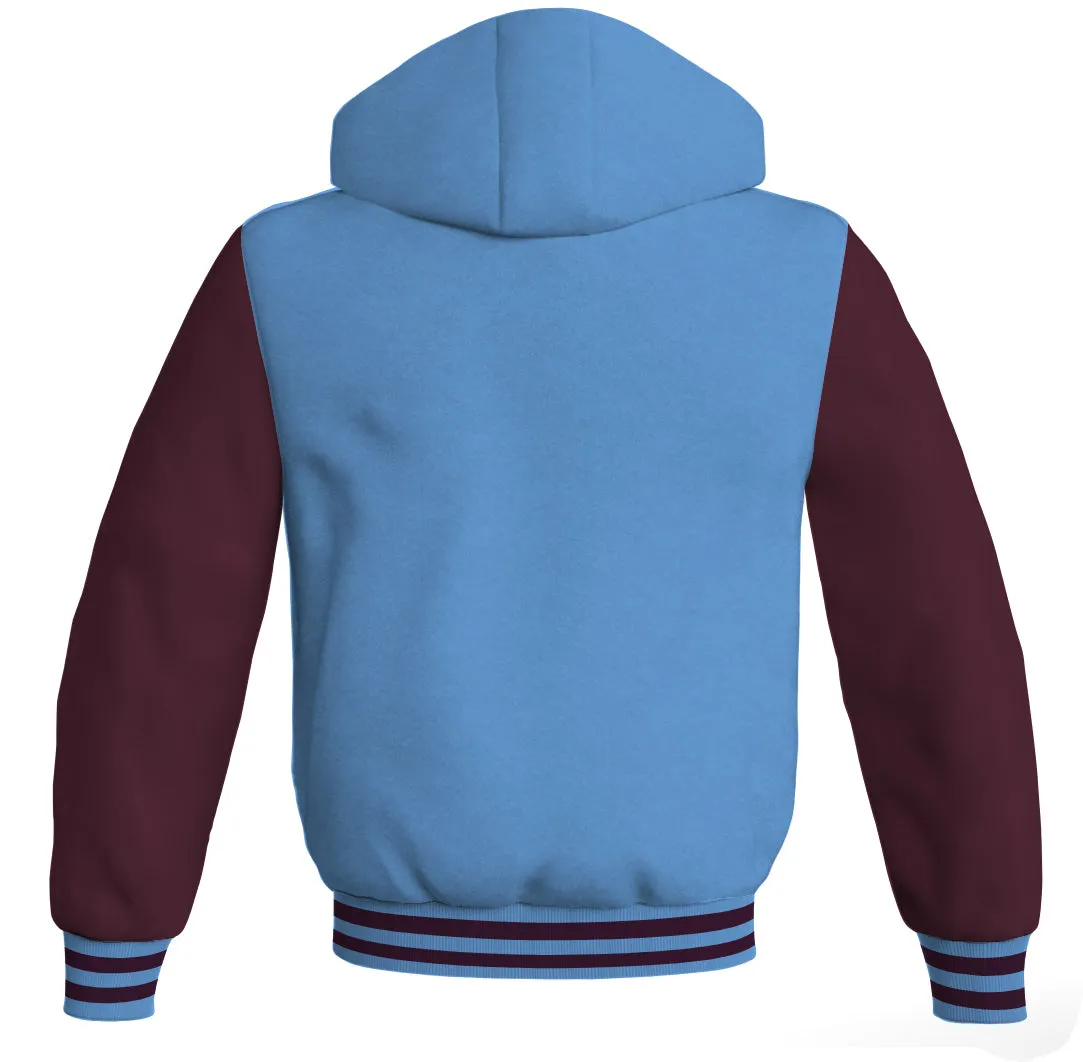 Letterman Bomber Hoodie Jacket Sky Blue Body Maroon Leather Sleeves