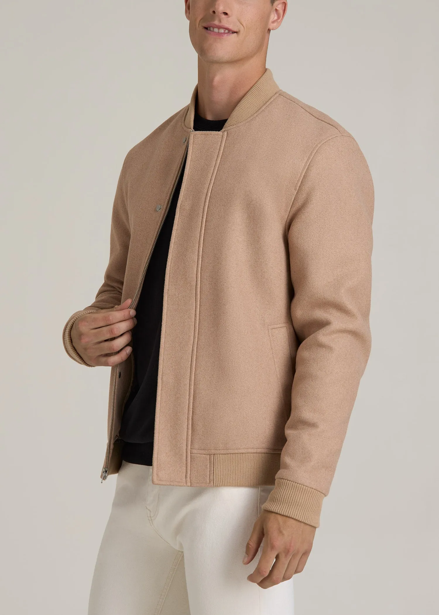 Melton Varsity Jacket for Tall Men in Light Camel Mix