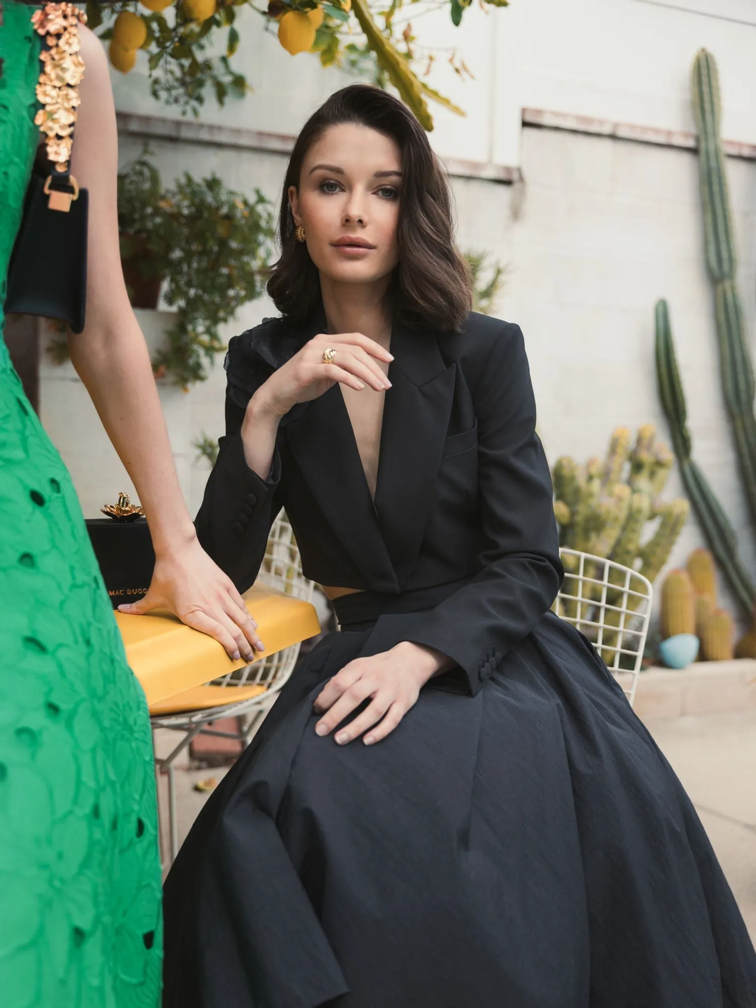 Notch Collar Crepe Cropped Tailored Blazer Jacket with 3D Flower