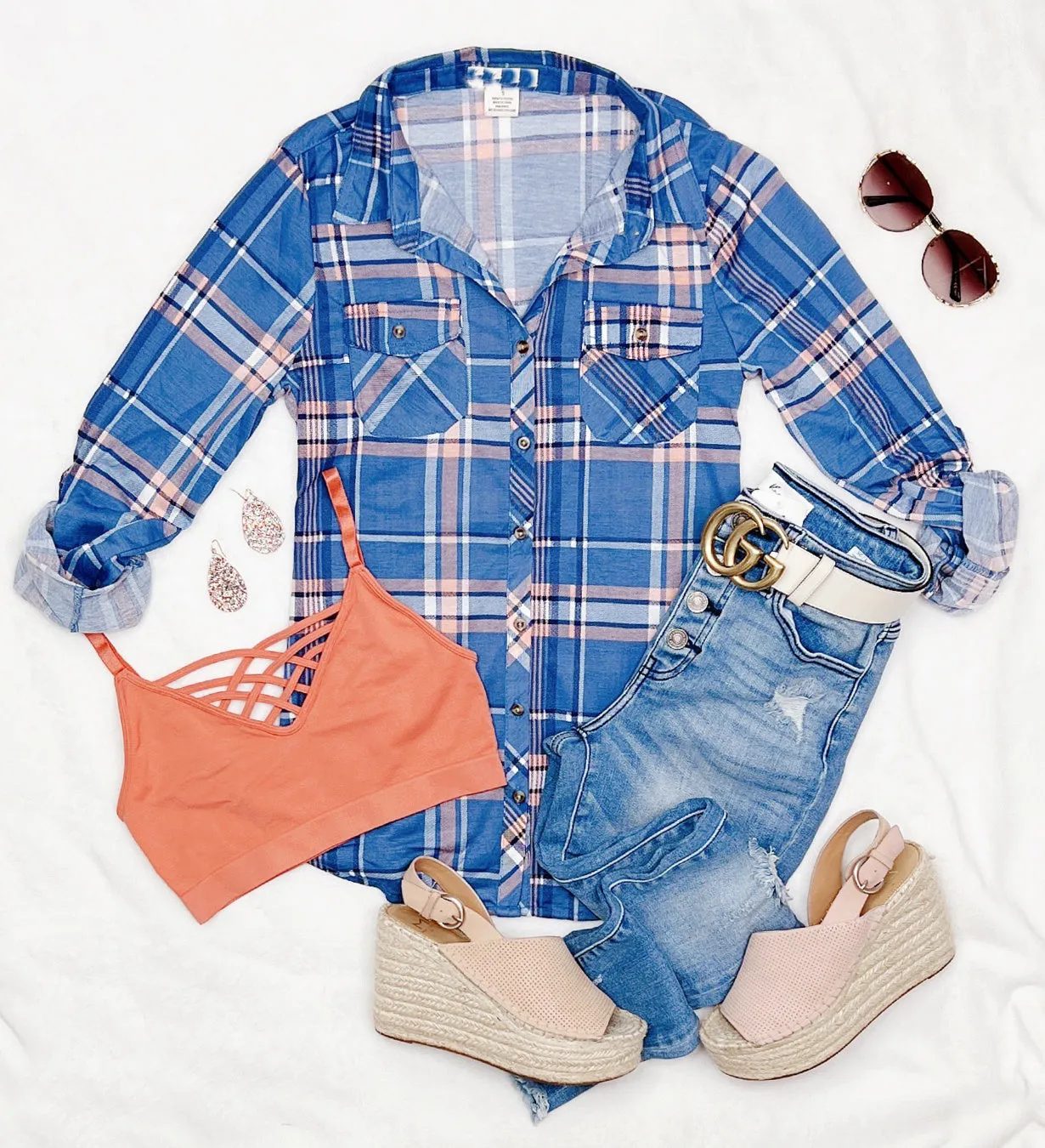 Penny Plaid Flannel Top - Blue/Blush