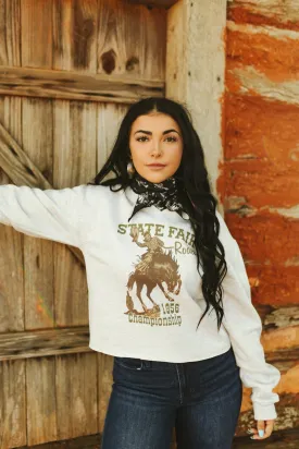 State Fair Rodeo Raw Hem V-Neck Crop Graphic Sweatshirt